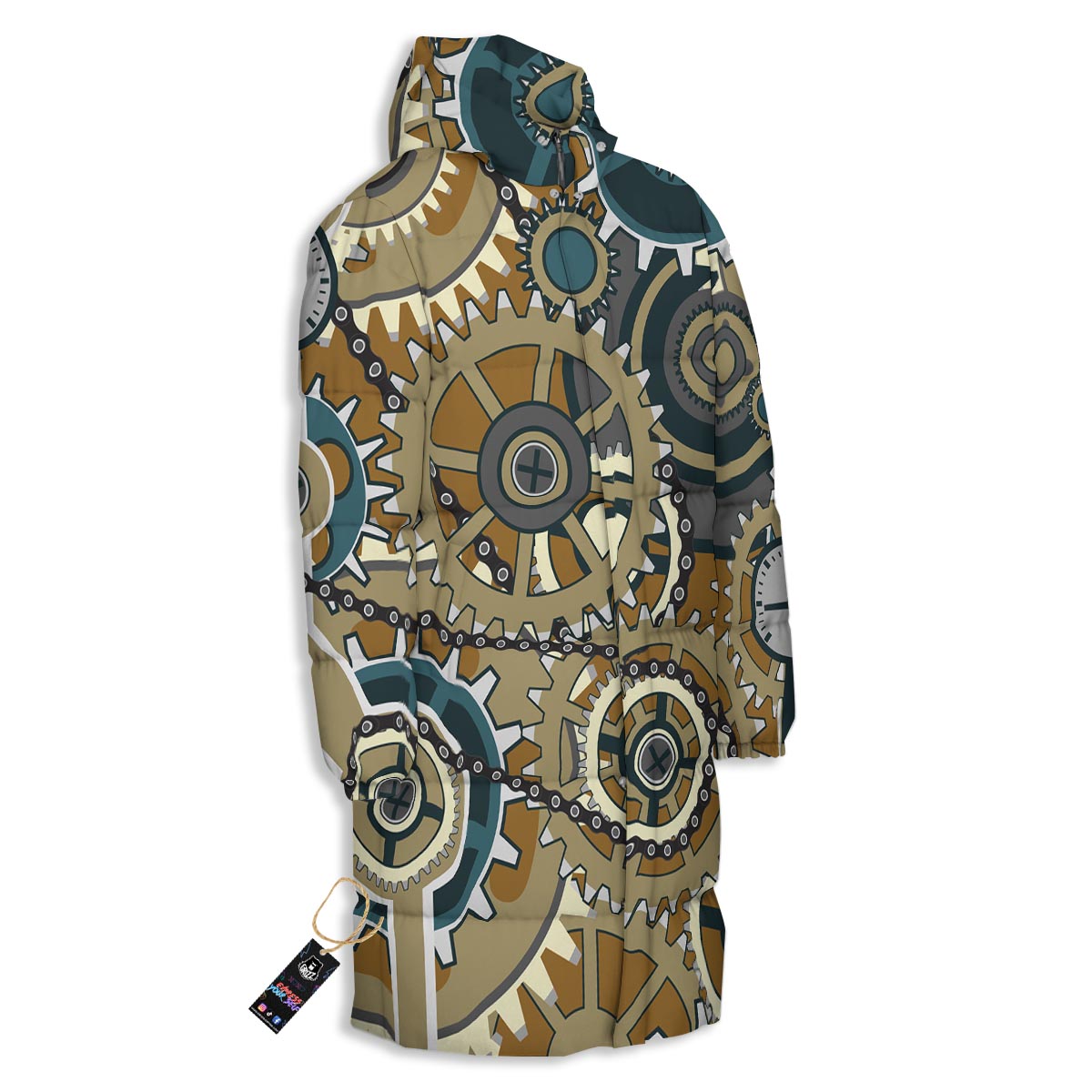 Cogwheels Steampunk Print Long Down Jacket-grizzshop