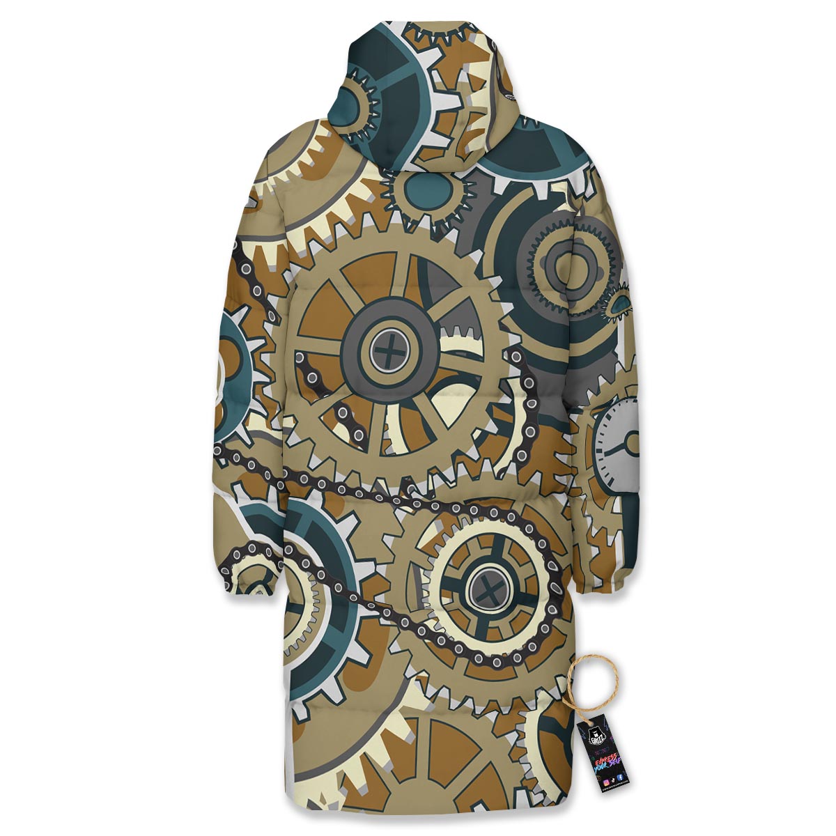Cogwheels Steampunk Print Long Down Jacket-grizzshop