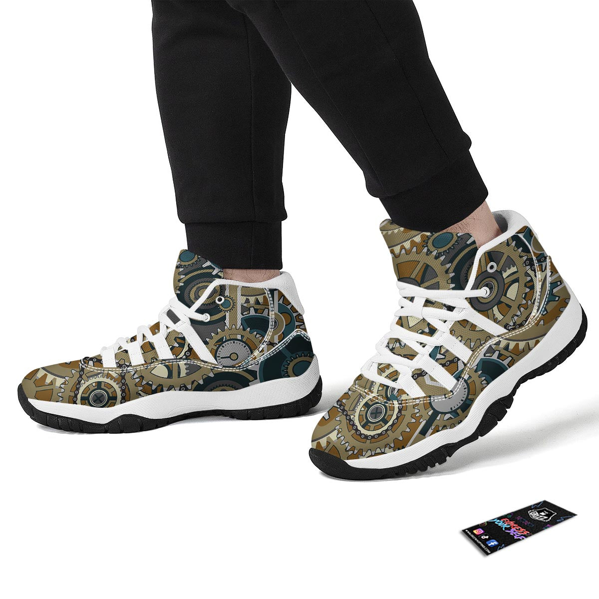 Cogwheels Steampunk Print White Bball Shoes-grizzshop