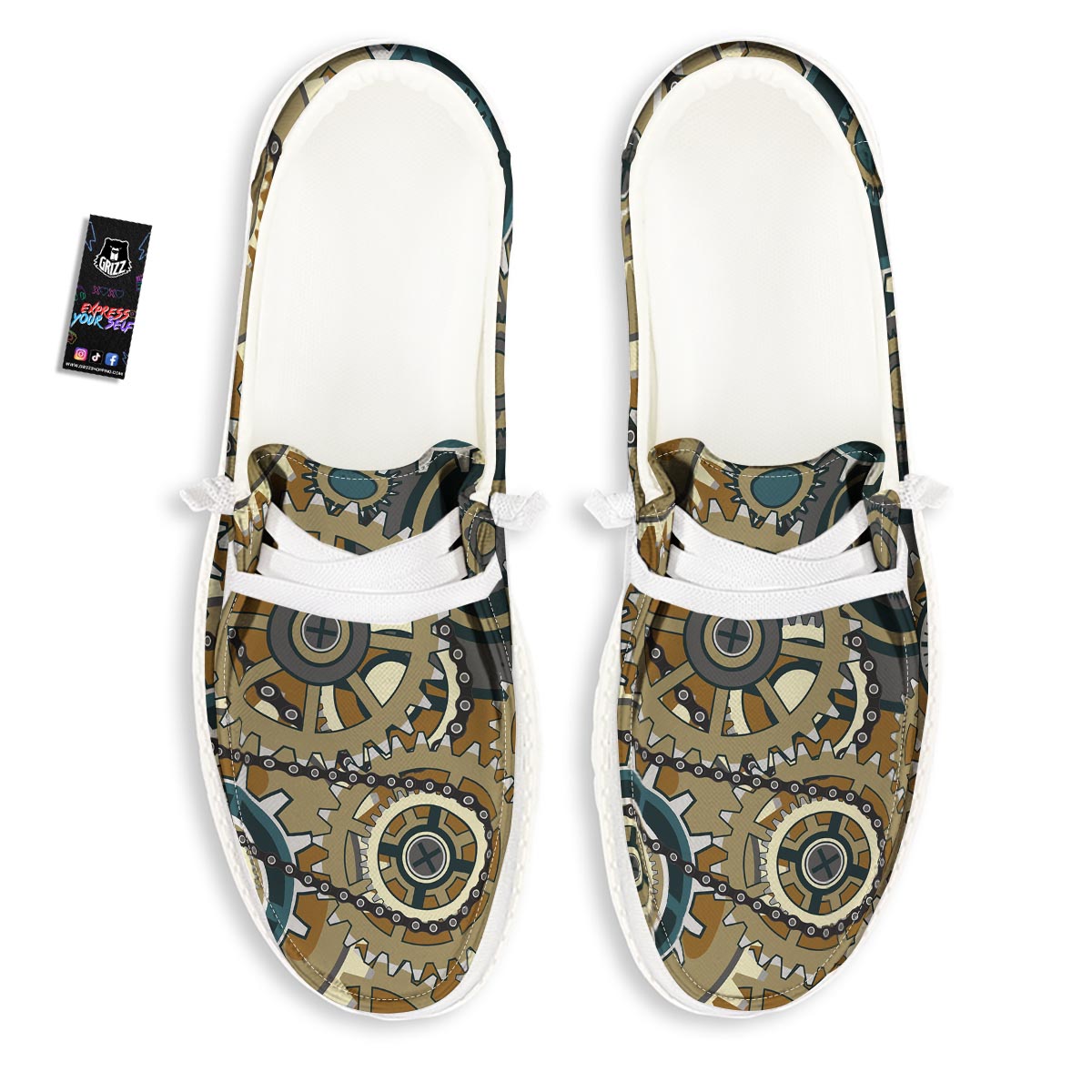 Cogwheels Steampunk Print White Loafers-grizzshop
