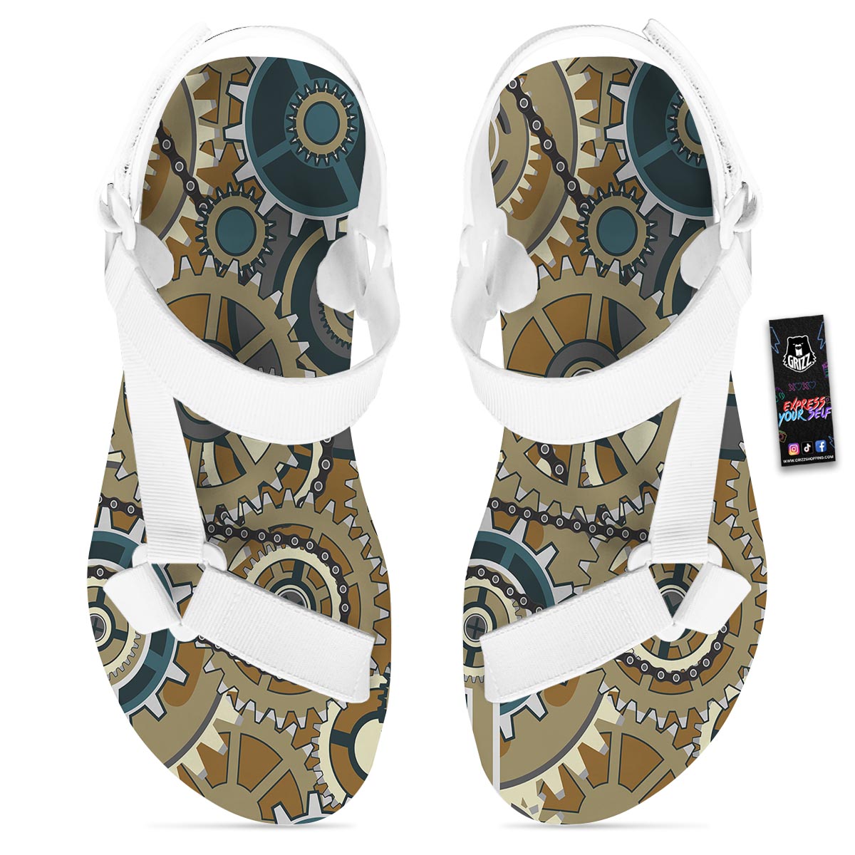 Cogwheels Steampunk Print White Open Toe Sandals-grizzshop