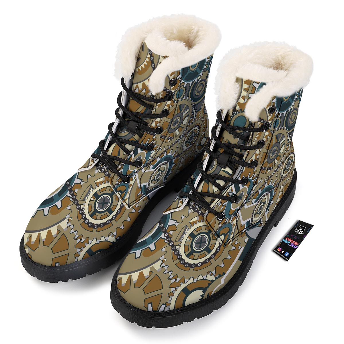 Cogwheels Steampunk Print Winter Boots-grizzshop
