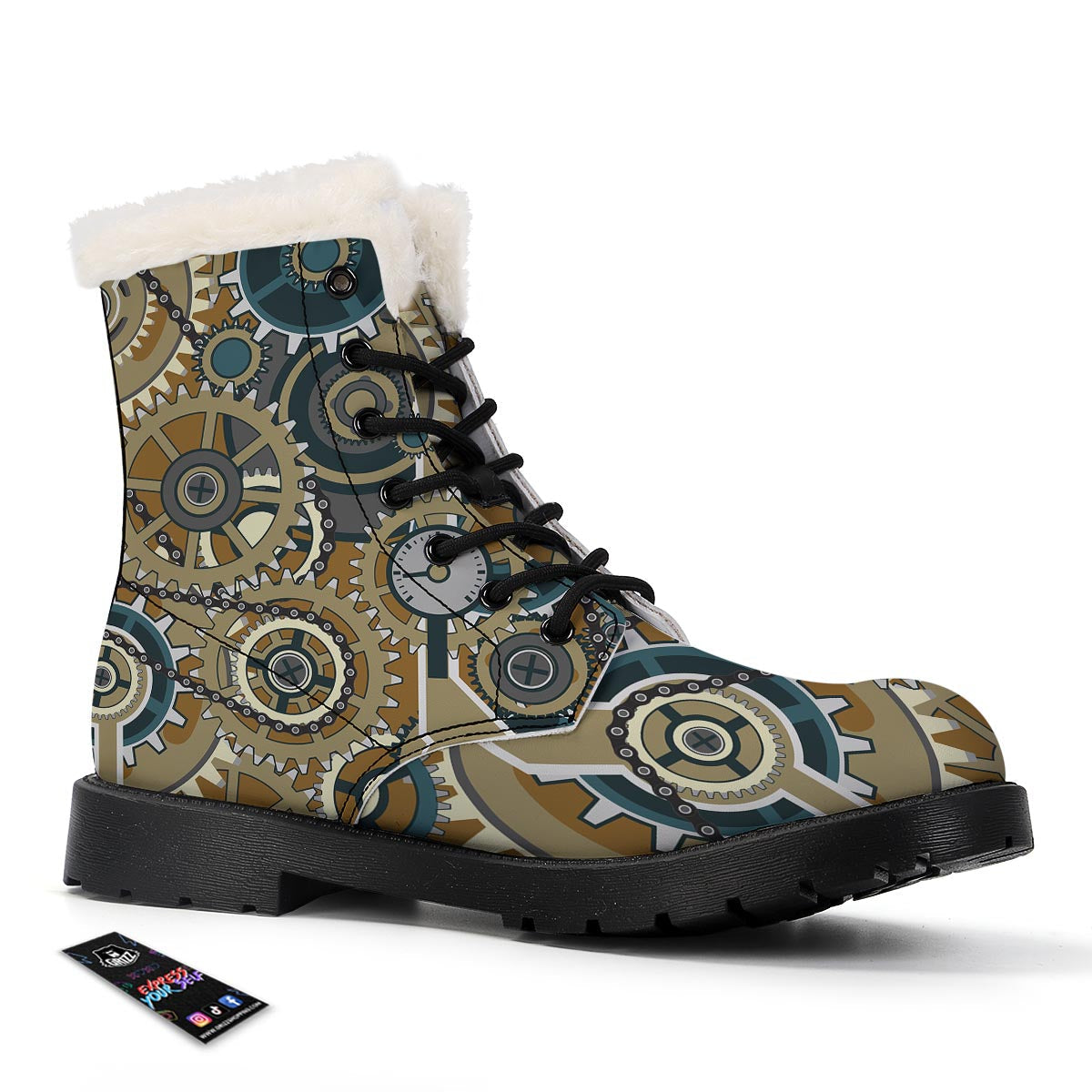 Cogwheels Steampunk Print Winter Boots-grizzshop