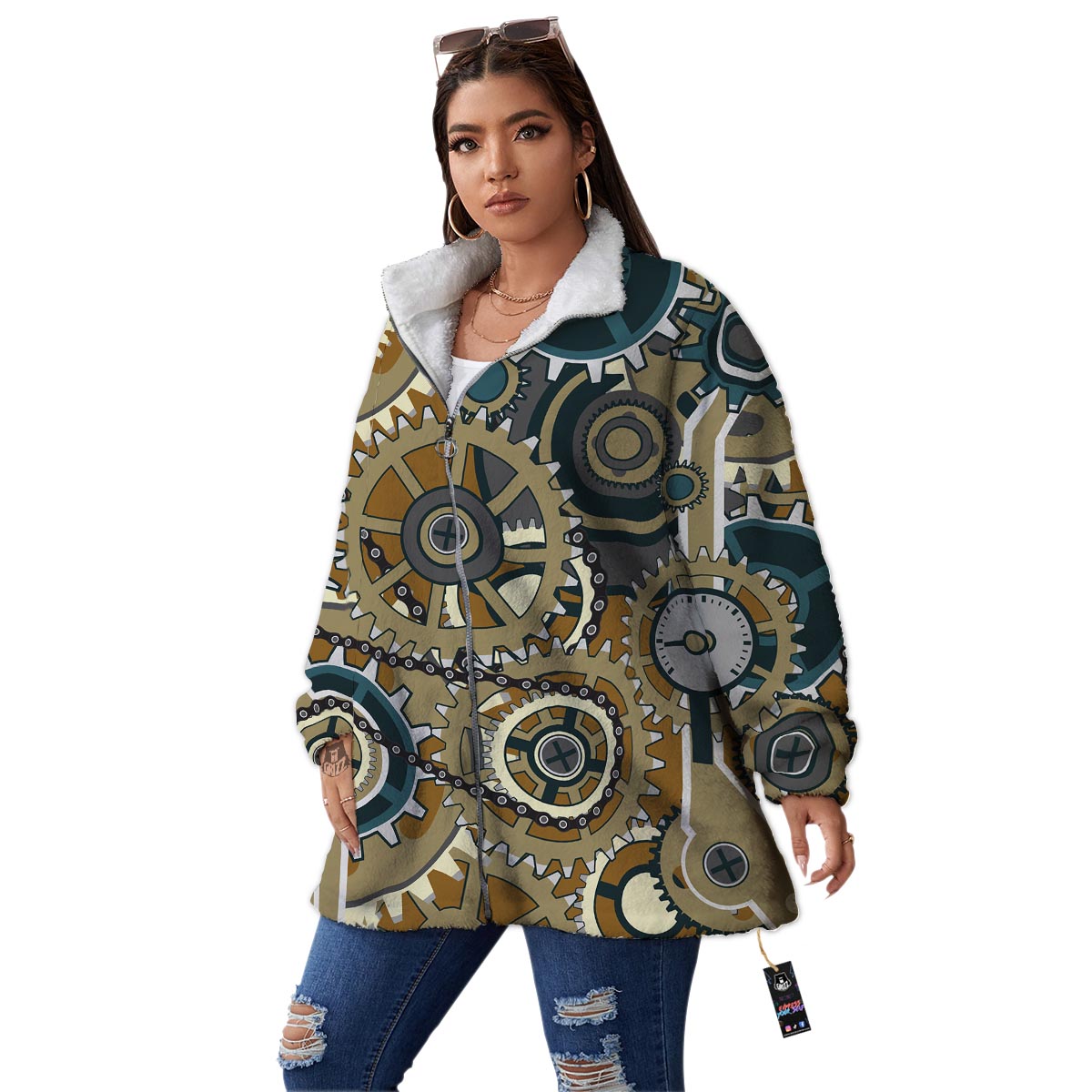 Cogwheels Steampunk Print Women's Sherpa Jacket-grizzshop