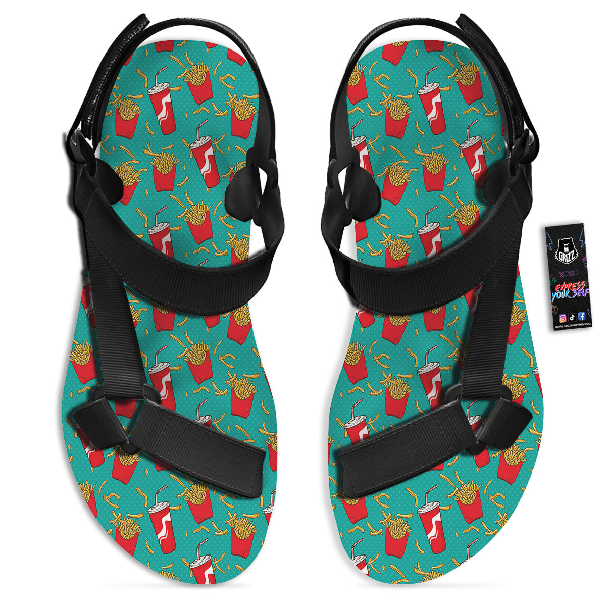 Cola And French Fries Print Pattern Black Open Toe Sandals-grizzshop