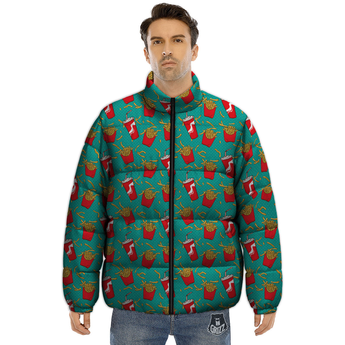 Cola And French Fries Print Pattern Puffer Jacket-grizzshop
