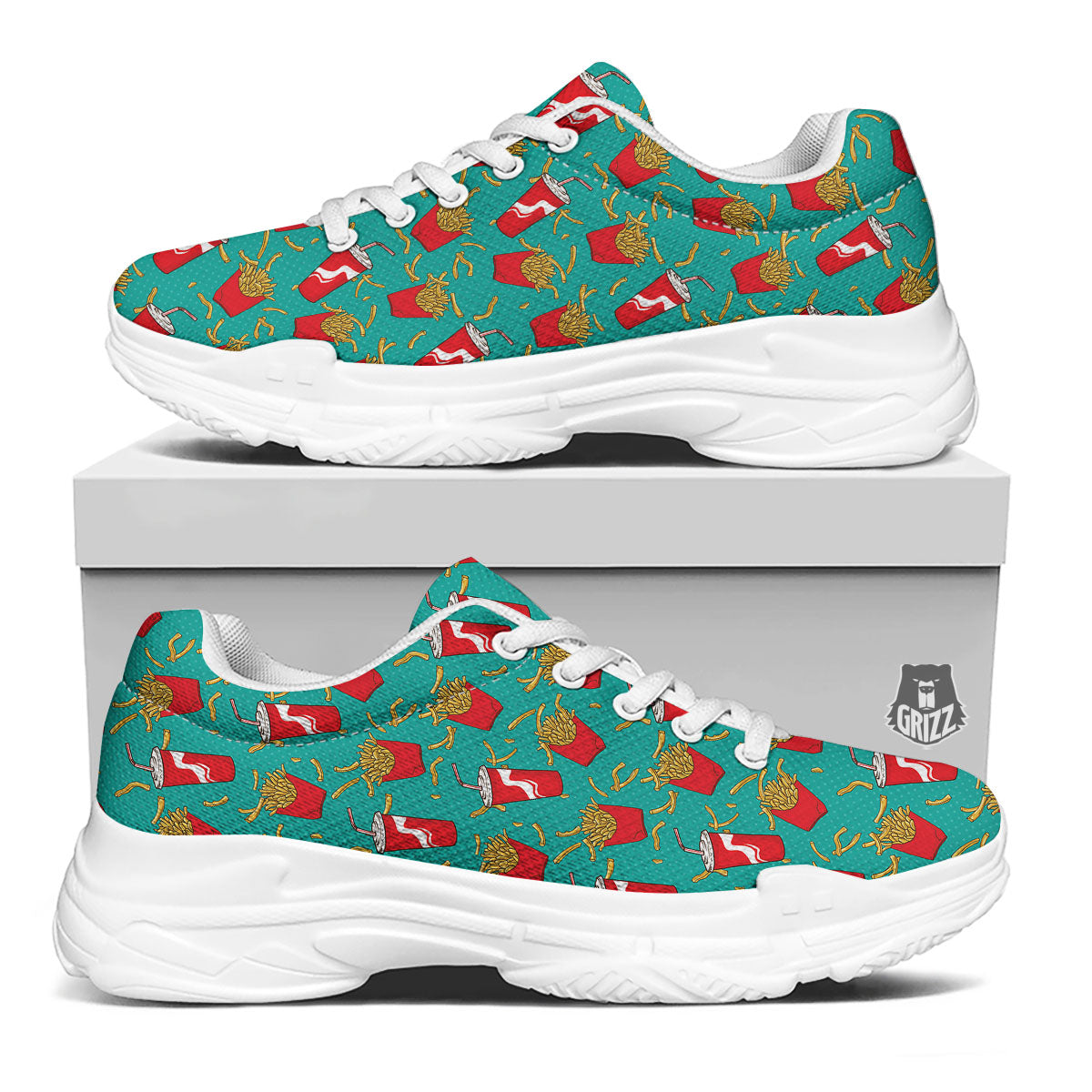 Cola And French Fries Print Pattern White Chunky Shoes-grizzshop