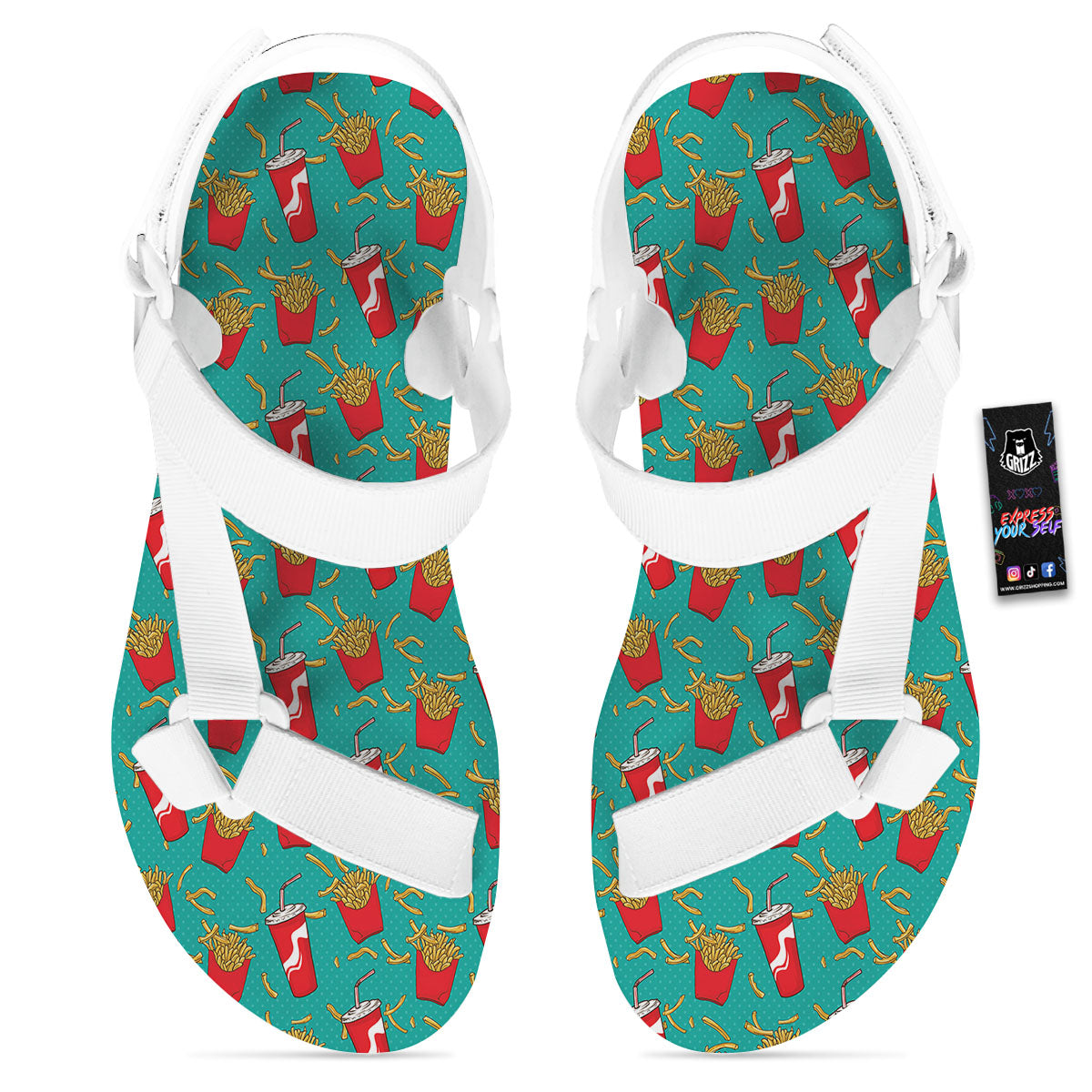 Cola And French Fries Print Pattern White Open Toe Sandals-grizzshop