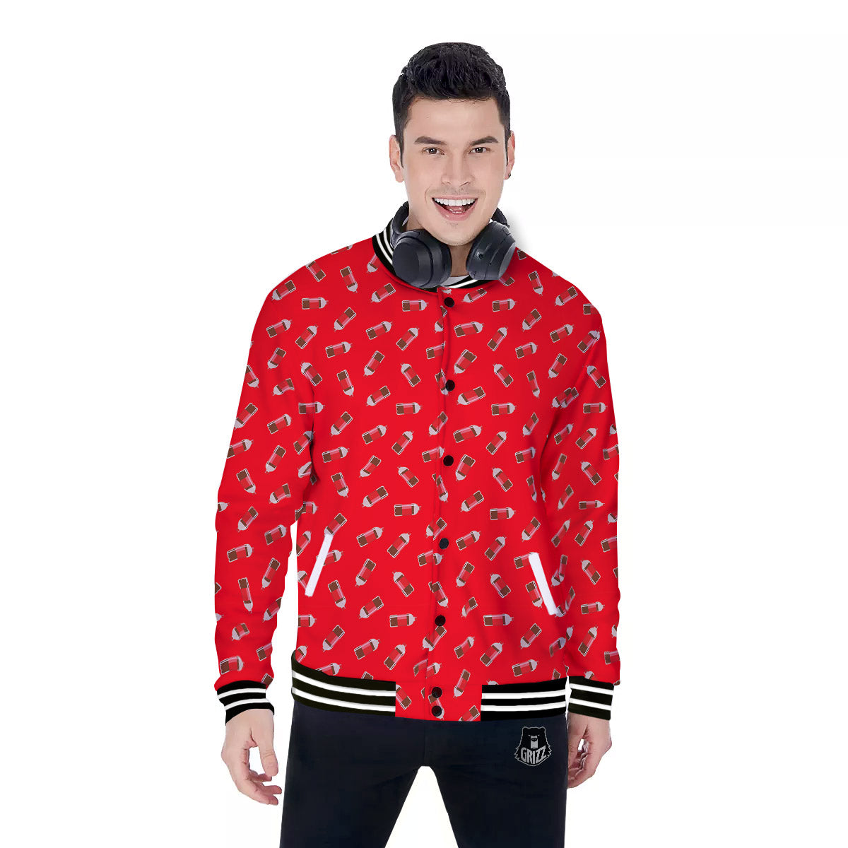 Cola Bottle Print Pattern Baseball Jacket-grizzshop