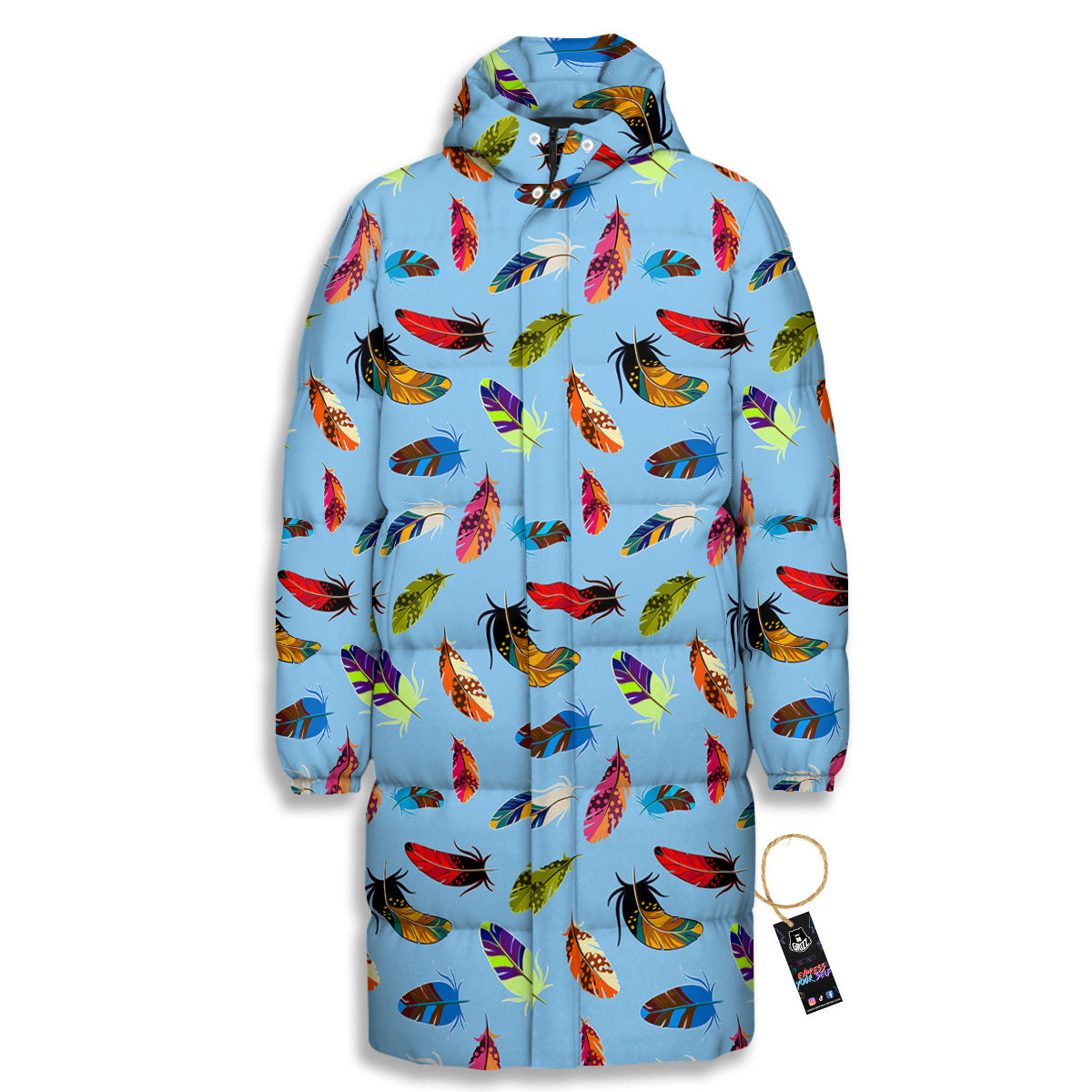 Colored Feathers Print Pattern Long Down Jacket-grizzshop