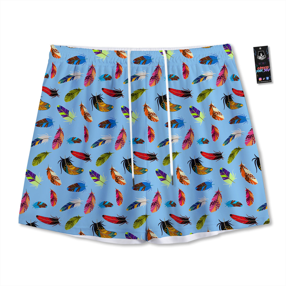 Colored Feathers Print Pattern Mesh Shorts-grizzshop