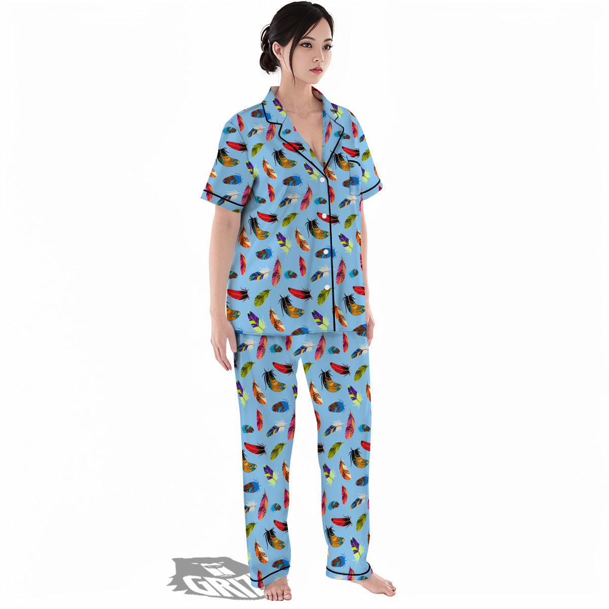 Colored Feathers Print Pattern Women's Pajamas Set-grizzshop