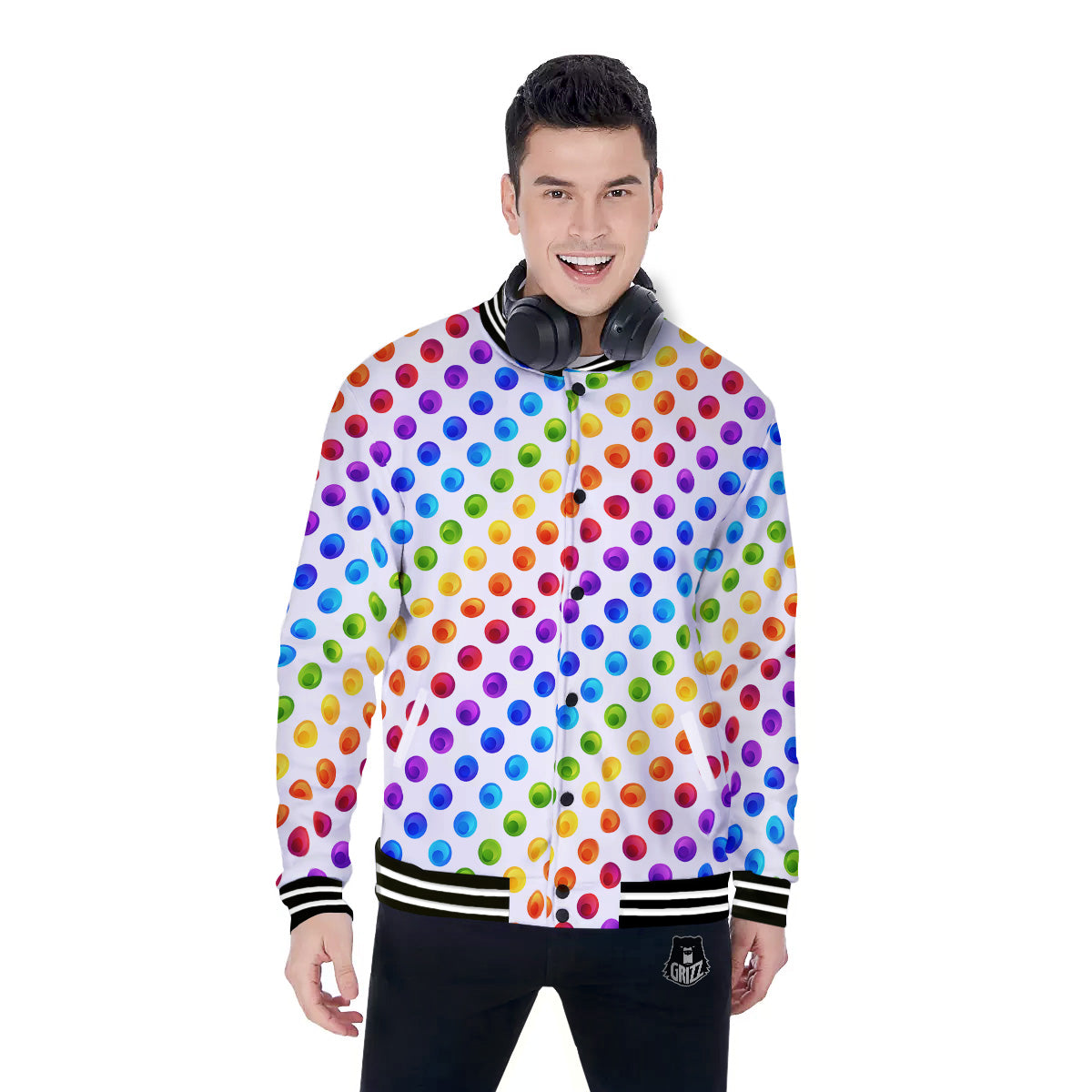 Colored Polka Dots Rainbow Print Pattern Baseball Jacket-grizzshop