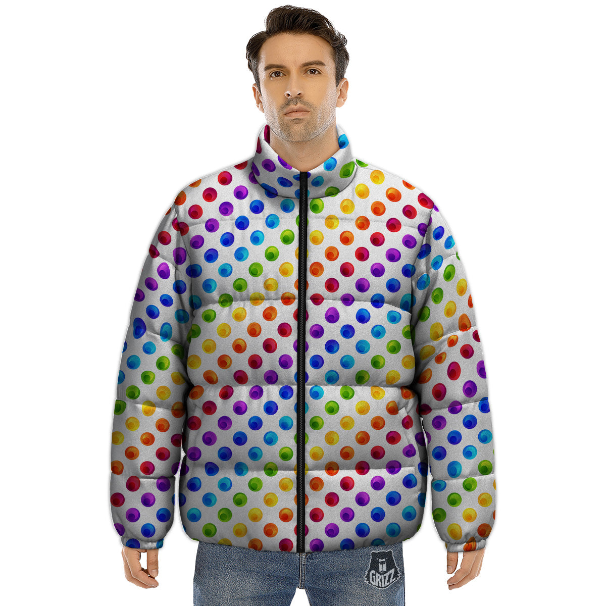 Colored Polka Dots Rainbow Print Pattern Puffer Jacket-grizzshop