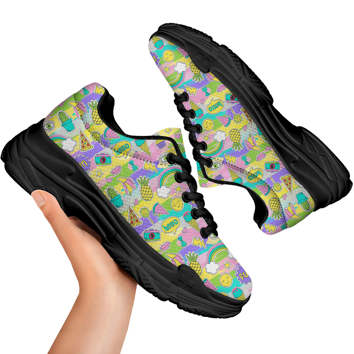 Colorful And Cute Stickers Print Pattern Black Chunky Shoes-grizzshop