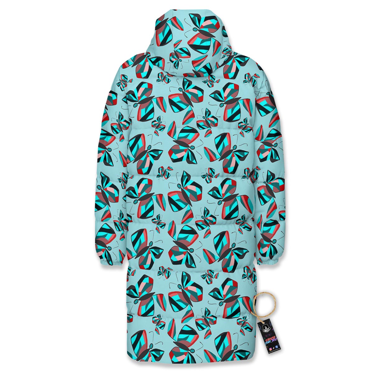 Colorful Butterfly Retro Print Pattern Long Down Jacket-grizzshop