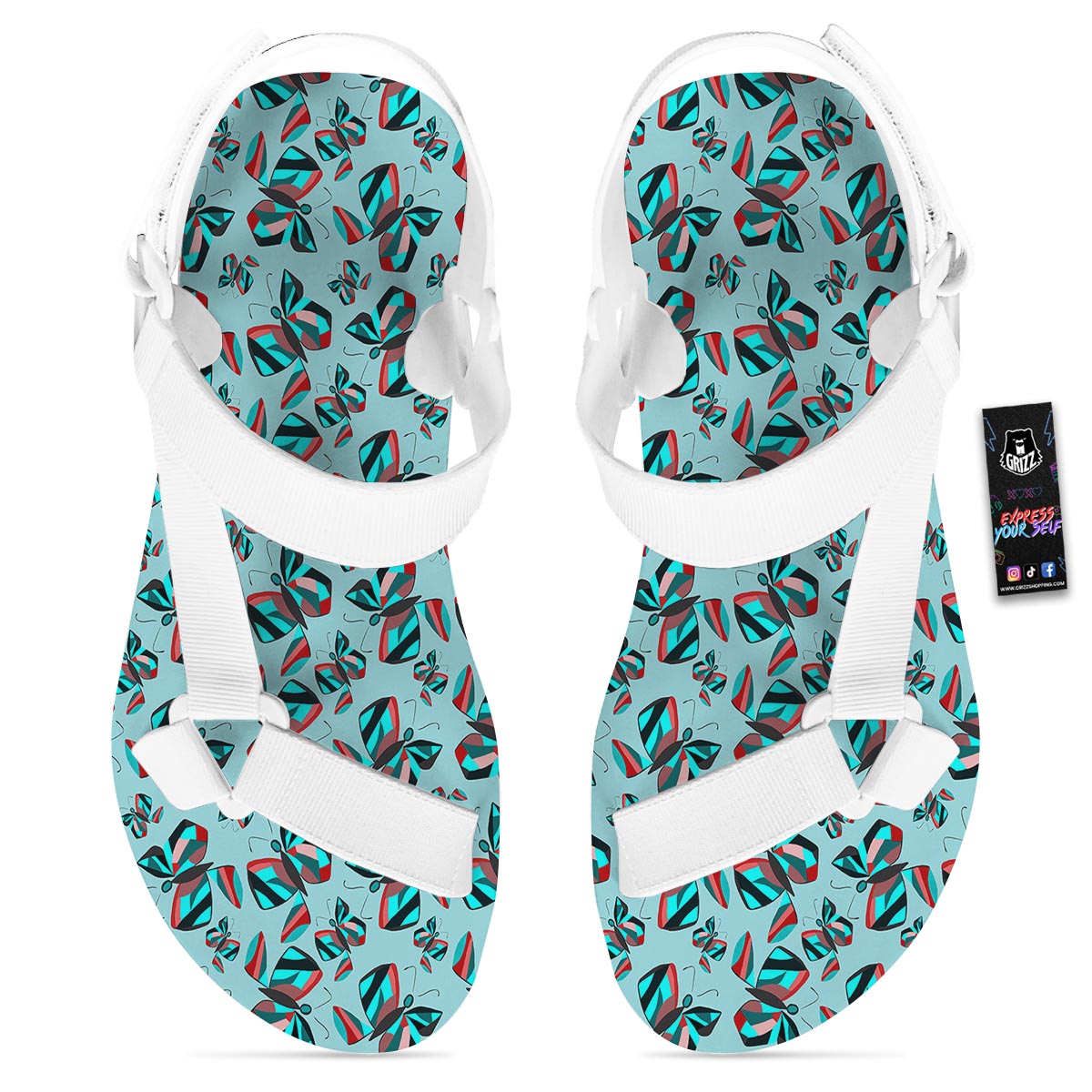Colorful Butterfly Retro Print Pattern White Open Toe Sandals-grizzshop