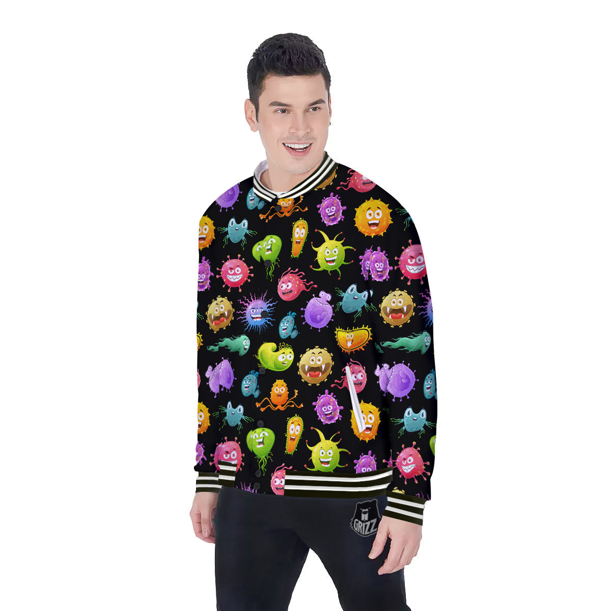 Colorful Cartoon Viruses Print Pattern Baseball Jacket-grizzshop