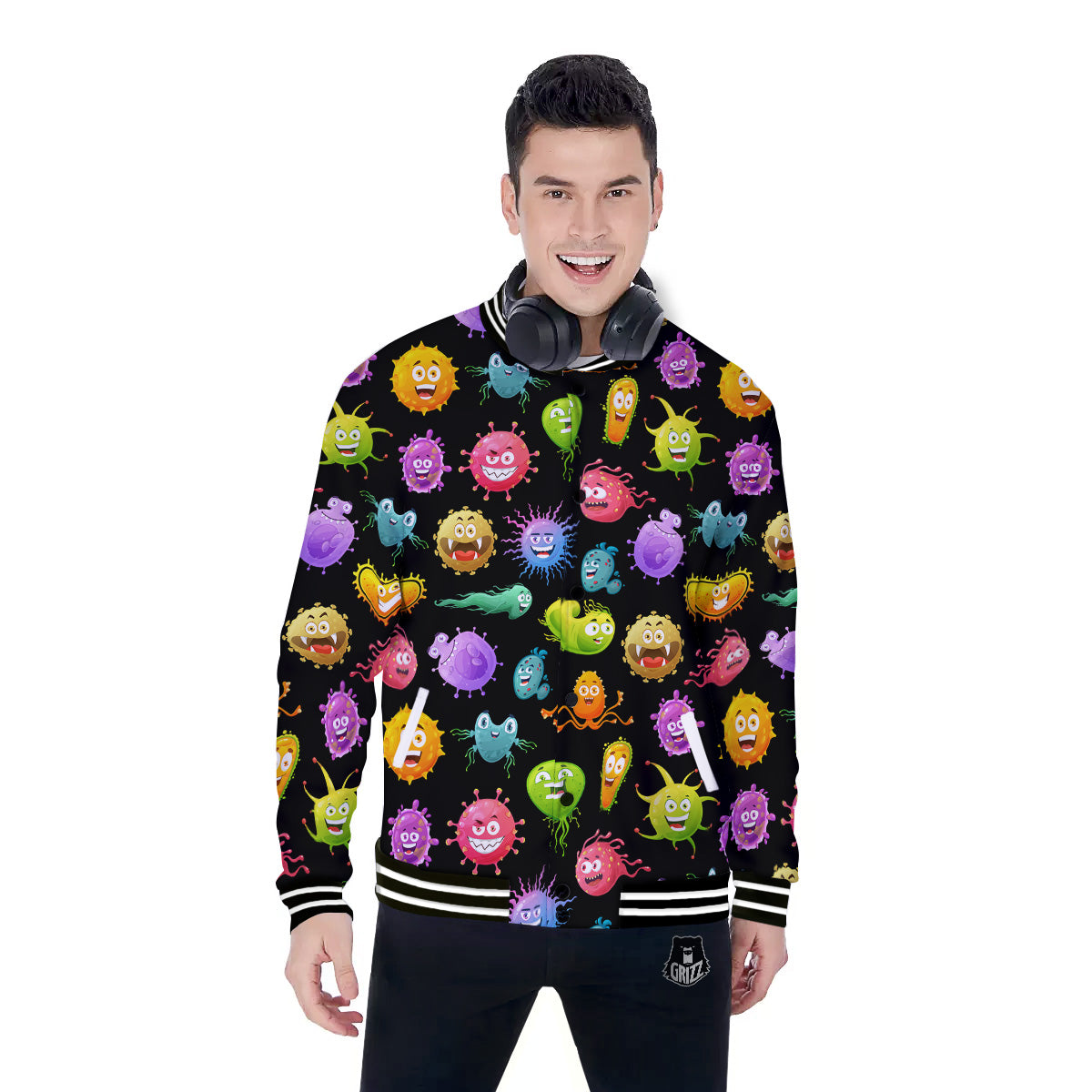Colorful Cartoon Viruses Print Pattern Baseball Jacket-grizzshop