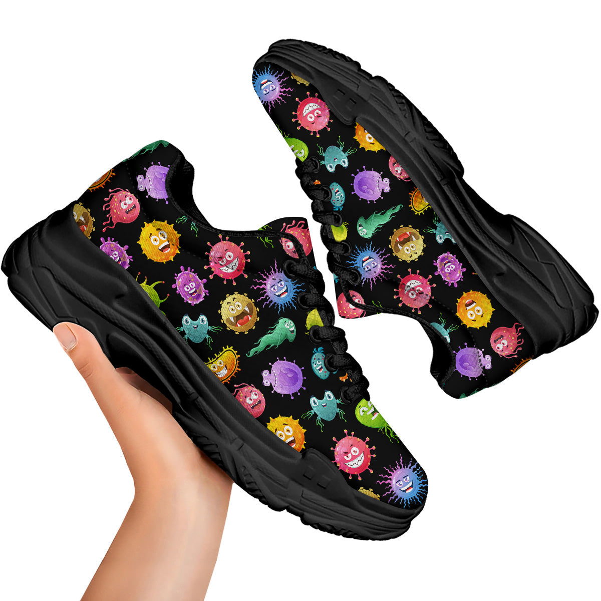 Colorful Cartoon Viruses Print Pattern Black Chunky Shoes-grizzshop