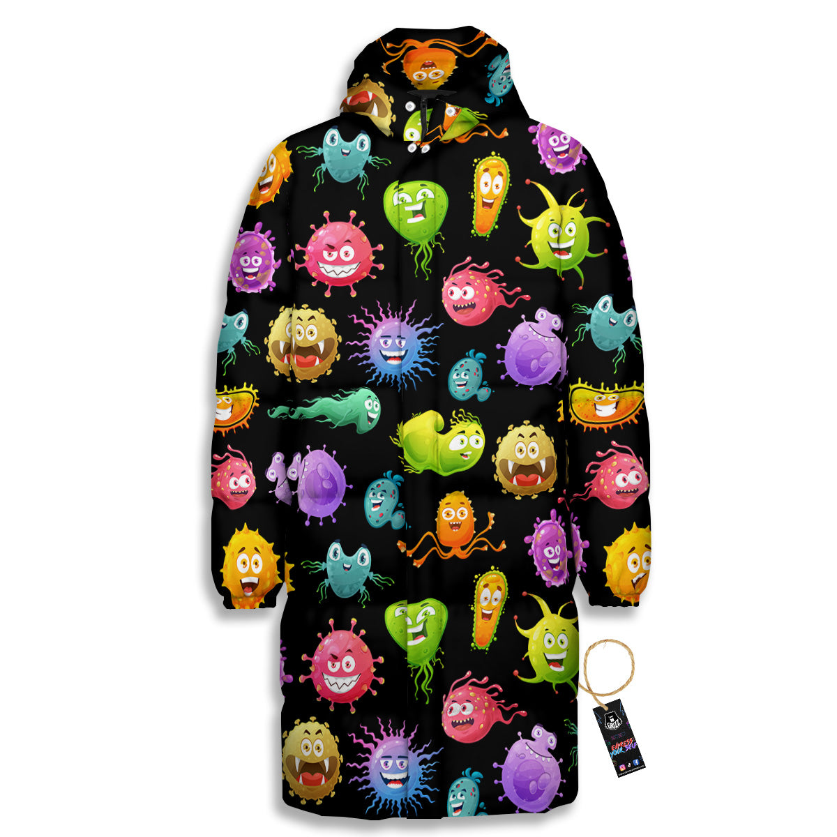 Colorful Cartoon Viruses Print Pattern Long Down Jacket-grizzshop