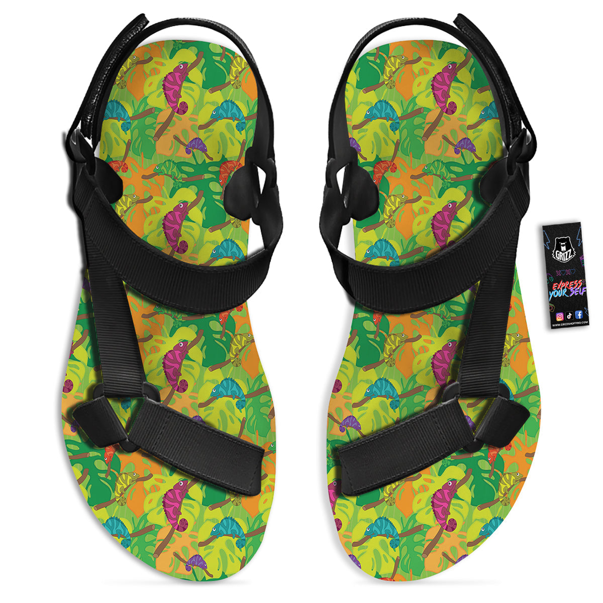 Colorful Chamaleon And Monstera Tropic Leave Print Pattern Black Open Toe Sandals-grizzshop