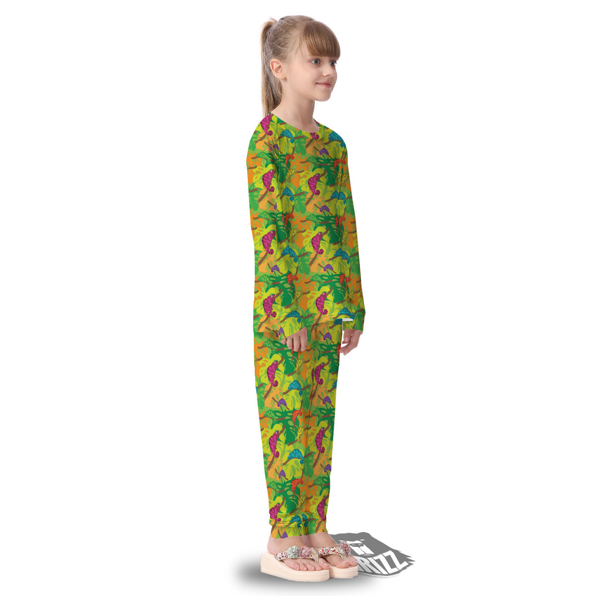 Colorful Chamaleon And Monstera Tropic Leave Print Pattern Kid's Pajamas-grizzshop