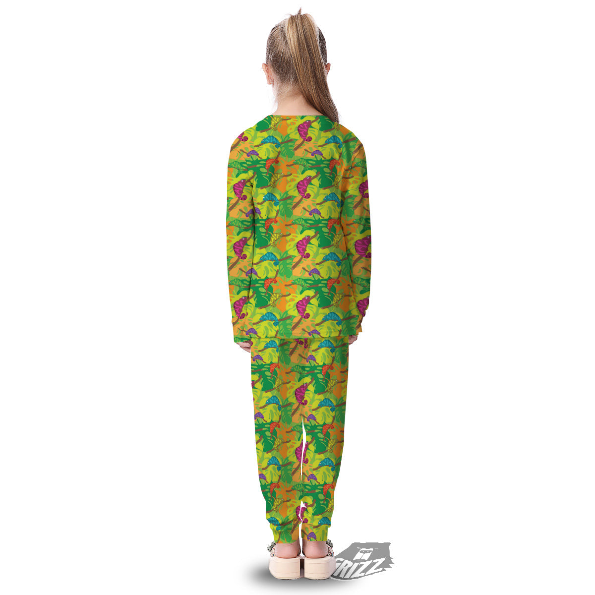Colorful Chamaleon And Monstera Tropic Leave Print Pattern Kid's Pajamas-grizzshop