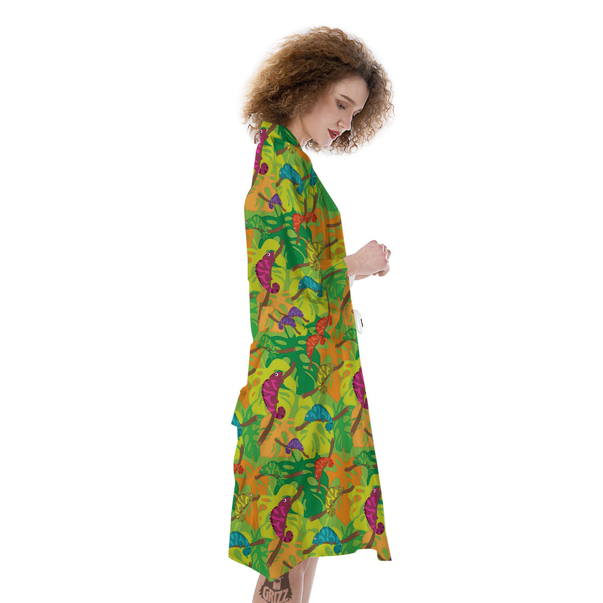 Colorful Chamaleon And Monstera Tropic Leave Print Pattern Kimono-grizzshop