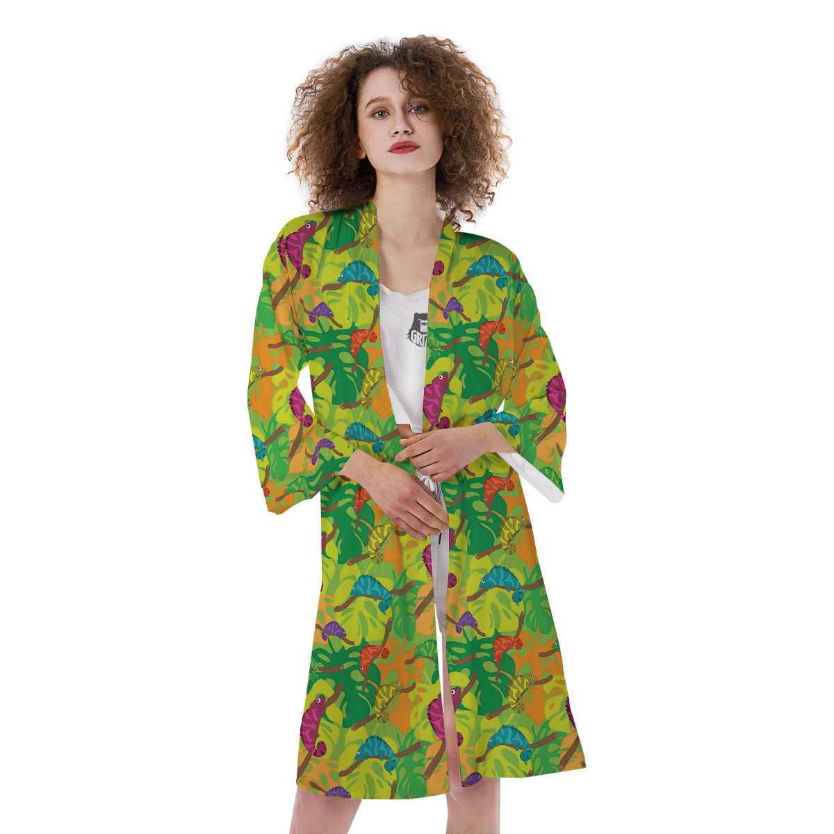 Colorful Chamaleon And Monstera Tropic Leave Print Pattern Kimono-grizzshop