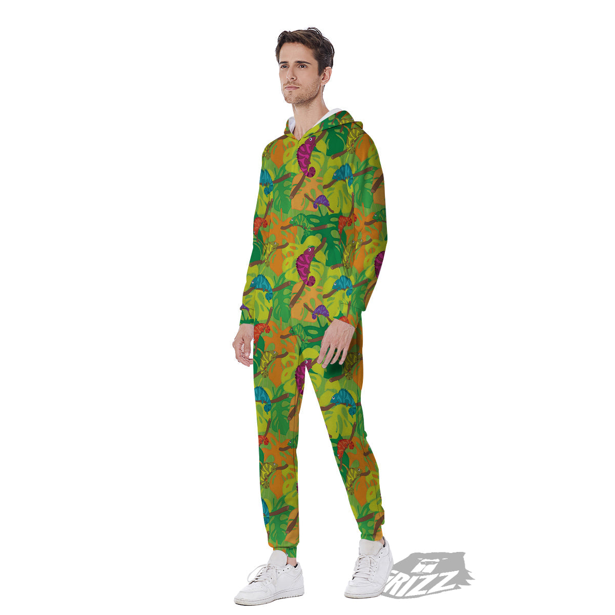 Colorful Chamaleon And Monstera Tropic Leave Print Pattern Men's Jumpsuit-grizzshop