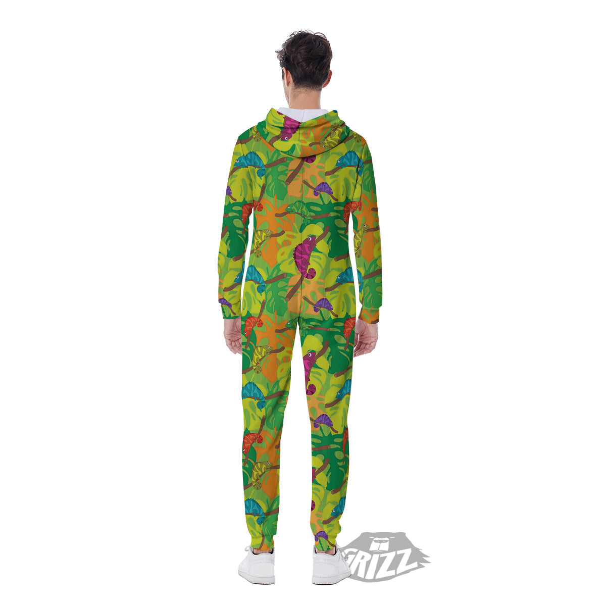 Colorful Chamaleon And Monstera Tropic Leave Print Pattern Men's Jumpsuit-grizzshop