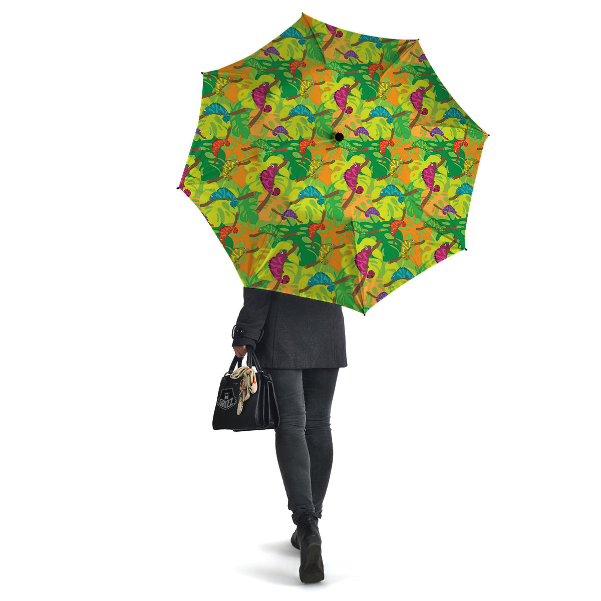 Colorful Chamaleon And Monstera Tropic Leave Print Pattern Umbrella-grizzshop