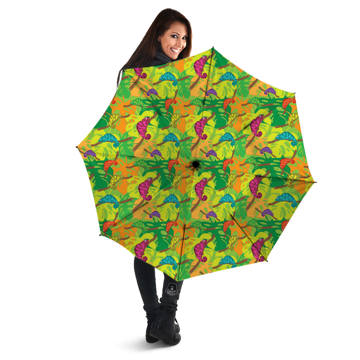 Colorful Chamaleon And Monstera Tropic Leave Print Pattern Umbrella-grizzshop