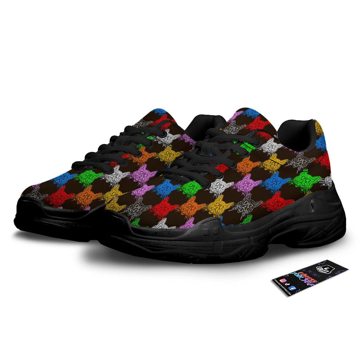 Colorful Crazy Cat Print Pattern Black Chunky Shoes-grizzshop