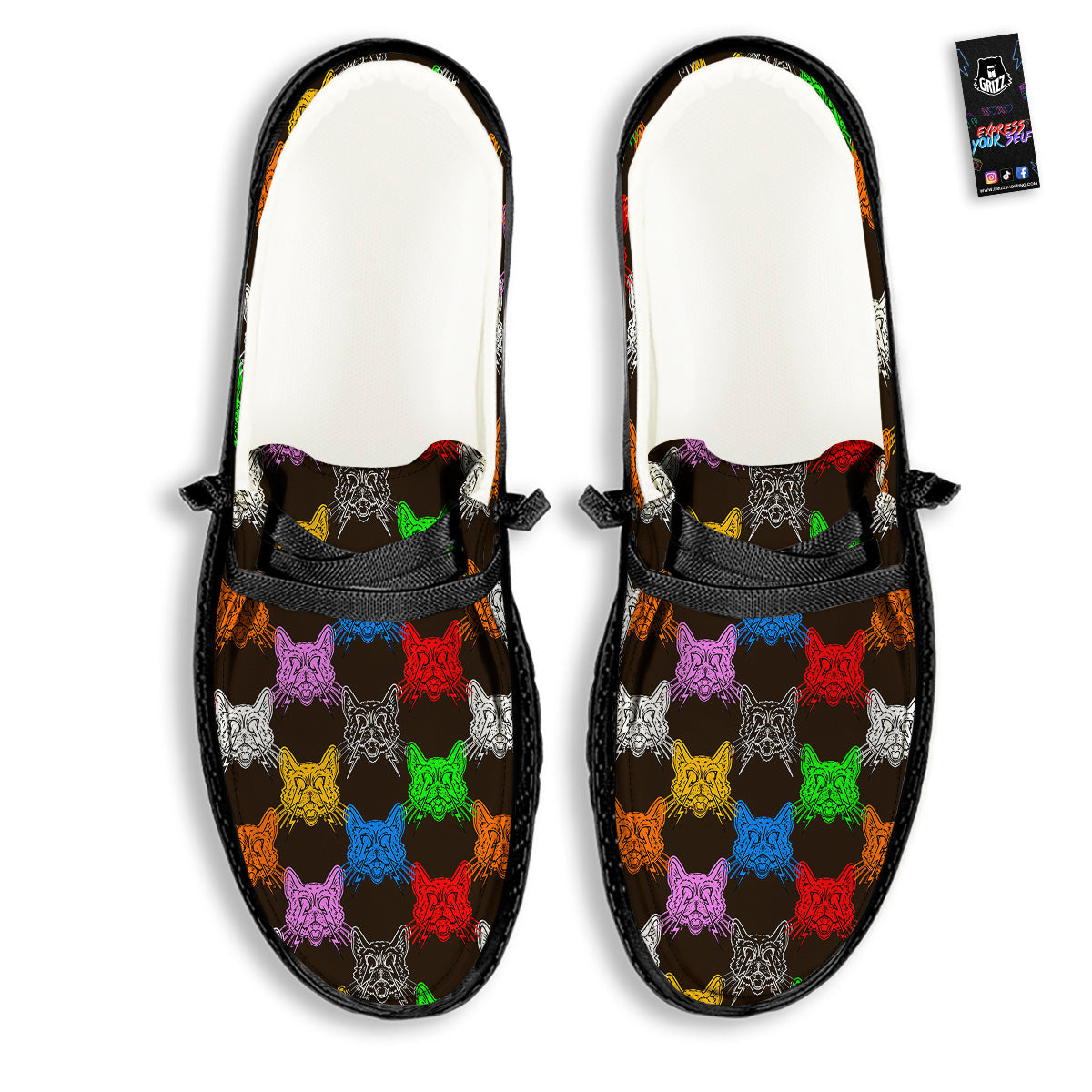 Colorful Crazy Cat Print Pattern Black Loafers-grizzshop