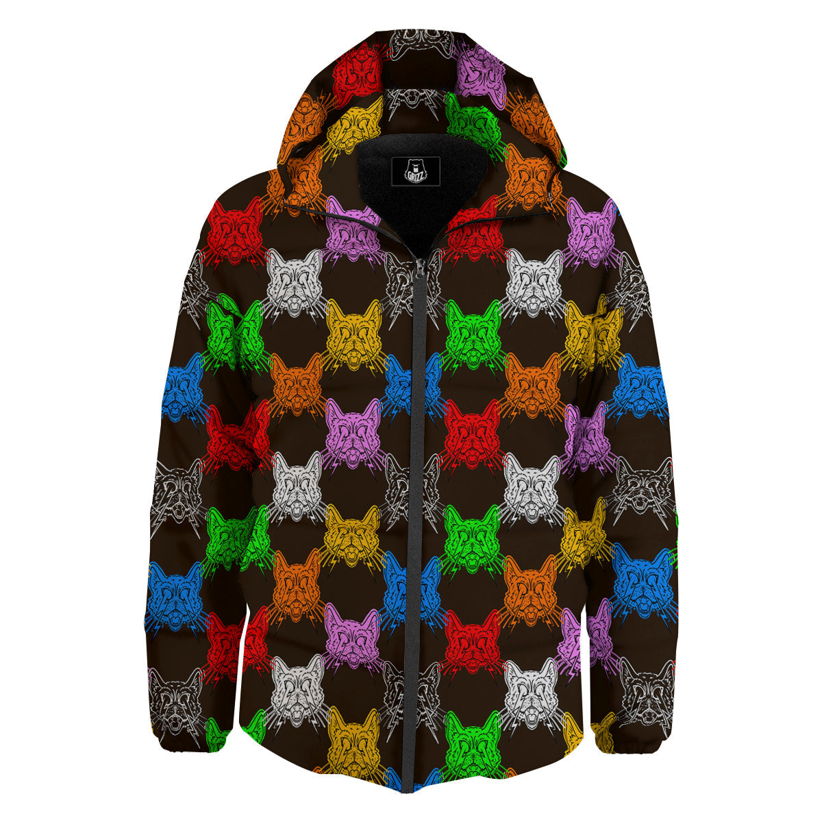 Colorful Crazy Cat Print Pattern Down Jacket-grizzshop