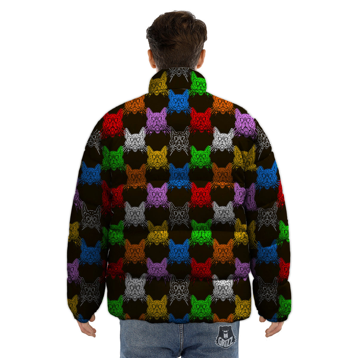 Colorful Crazy Cat Print Pattern Puffer Jacket-grizzshop