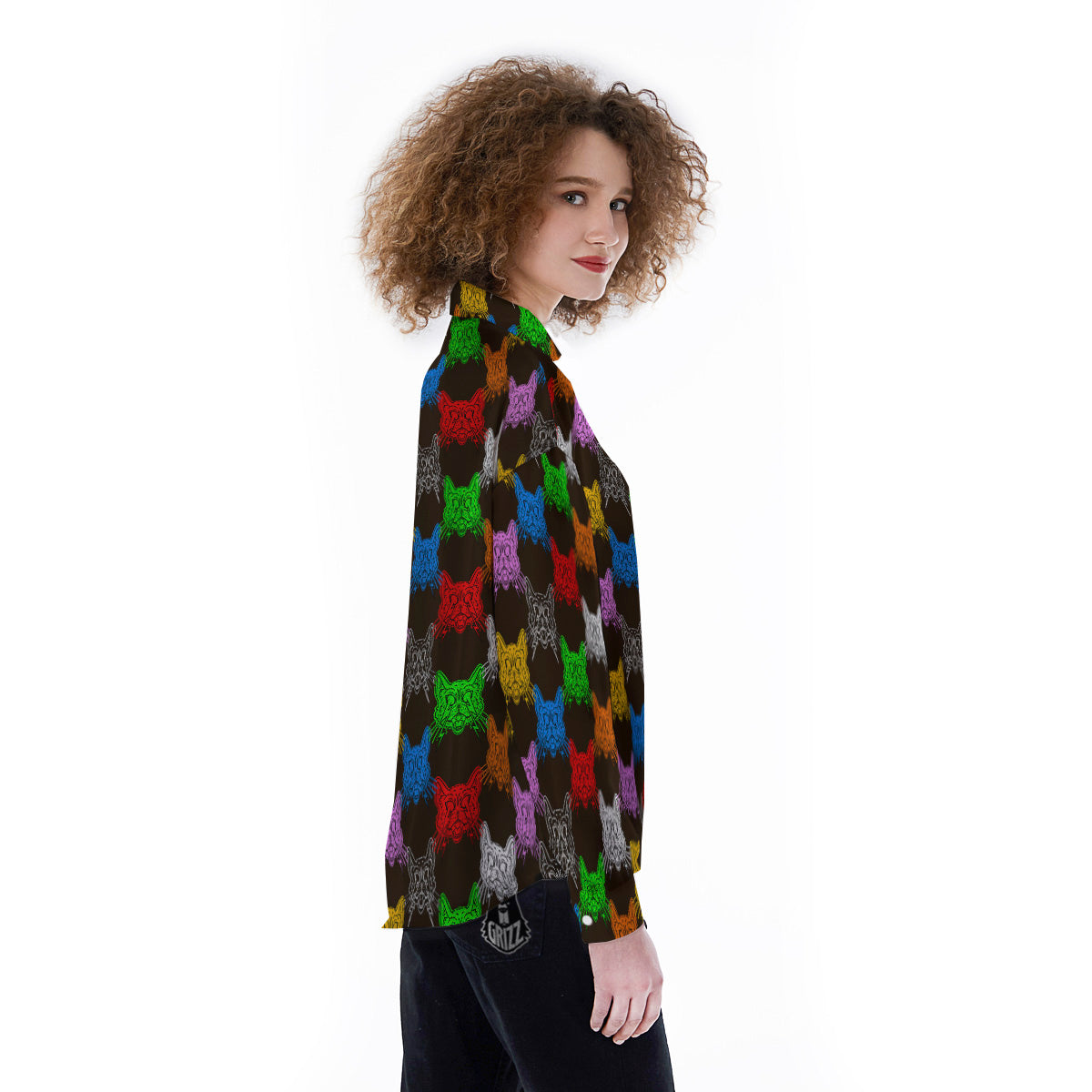 Colorful Crazy Cat Print Pattern Women's Long Sleeve Shirts-grizzshop