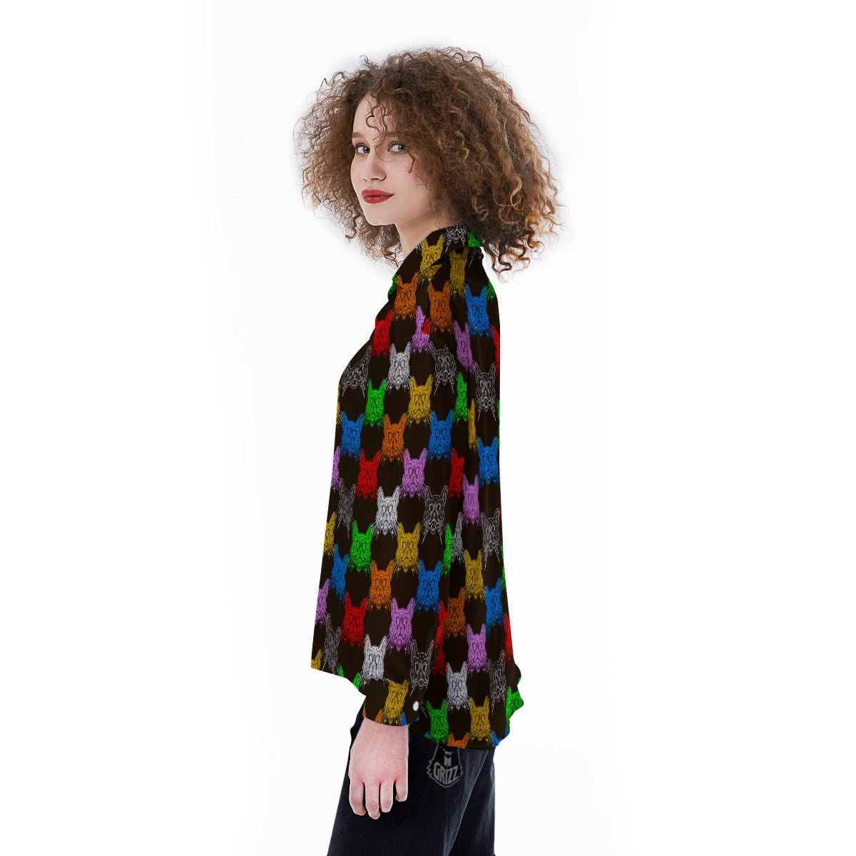 Colorful Crazy Cat Print Pattern Women's Long Sleeve Shirts-grizzshop