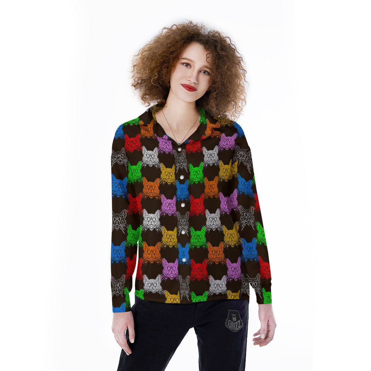 Colorful Crazy Cat Print Pattern Women's Long Sleeve Shirts-grizzshop