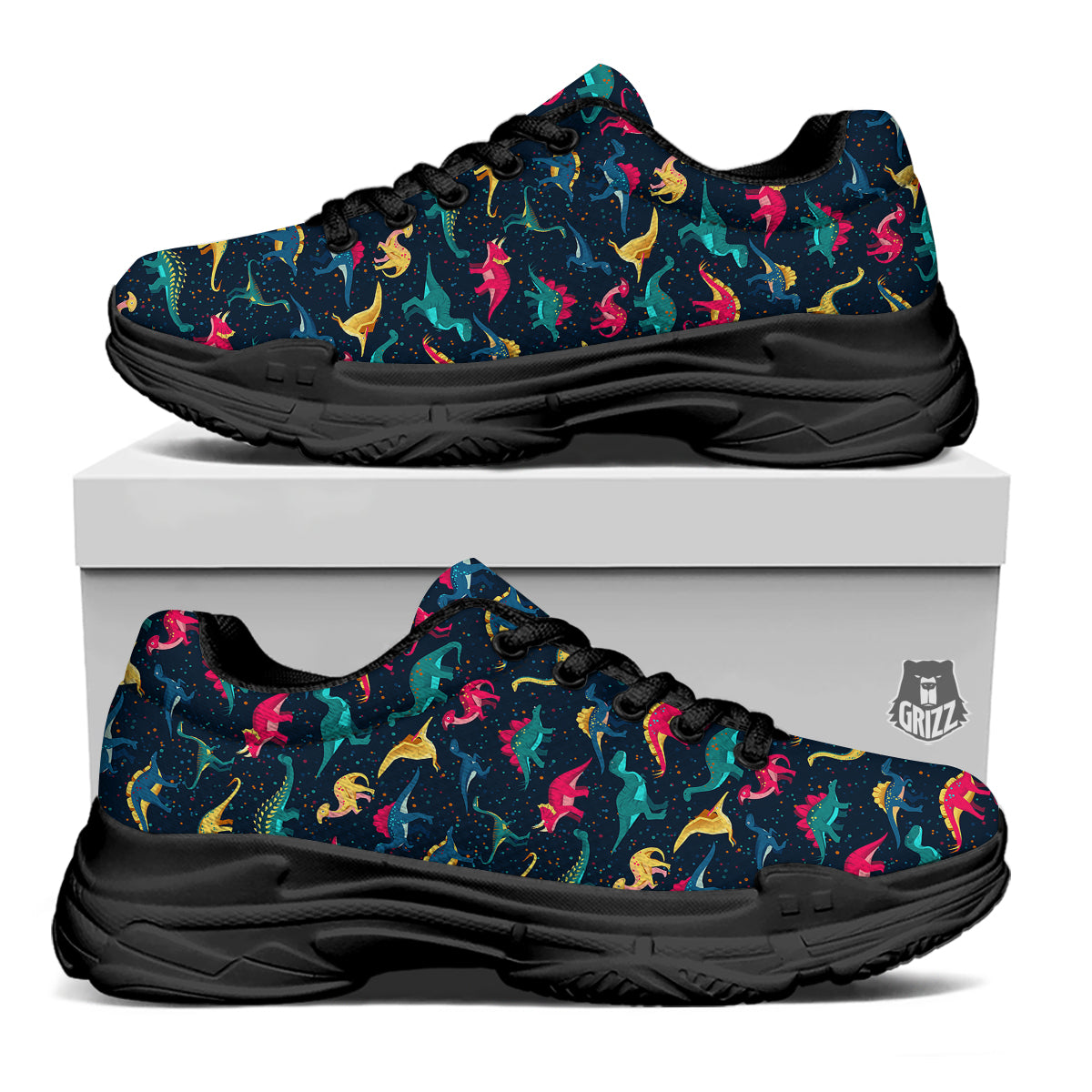 Colorful Cute Dinosaurs Print Pattern Black Chunky Shoes-grizzshop