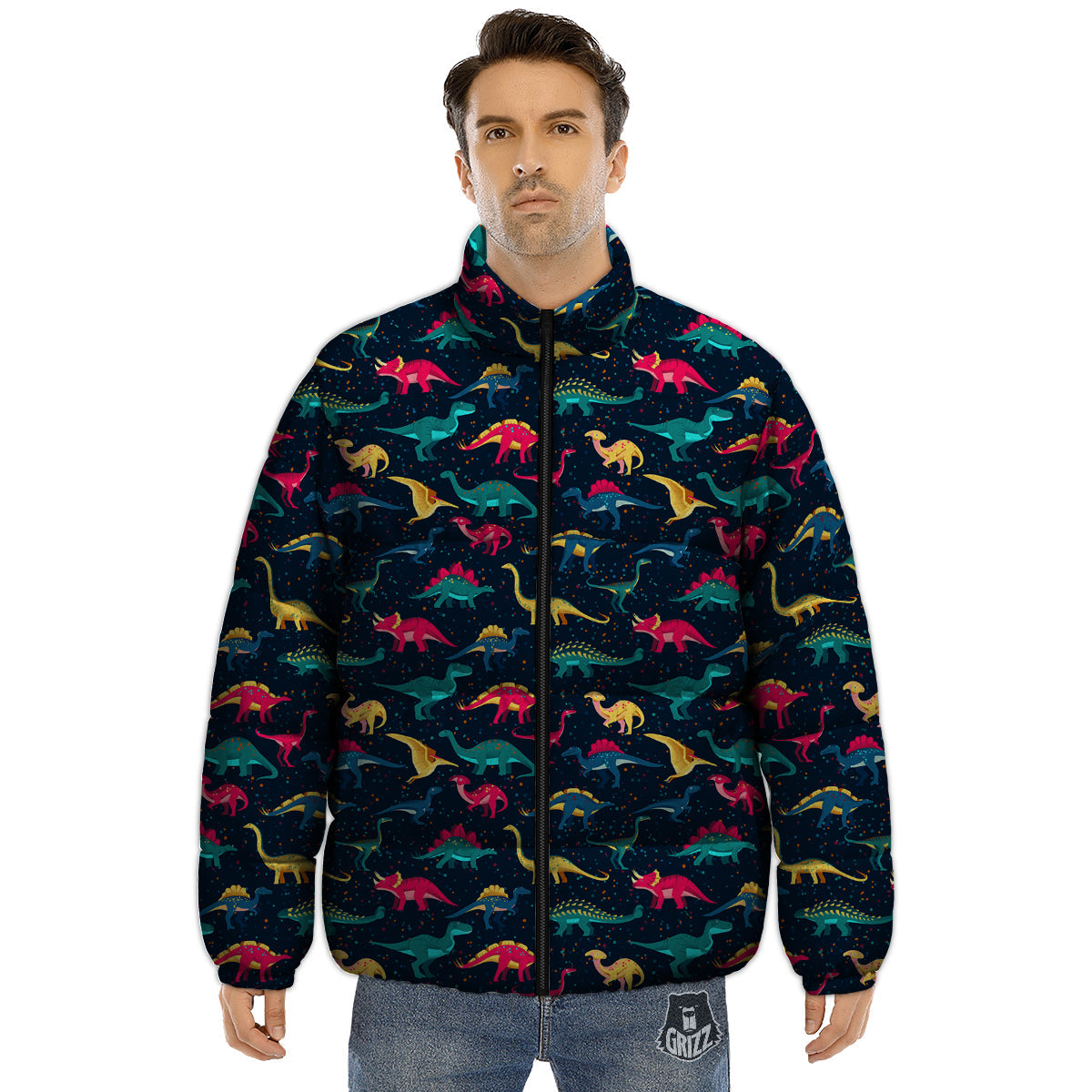 Colorful Cute Dinosaurs Print Pattern Puffer Jacket-grizzshop