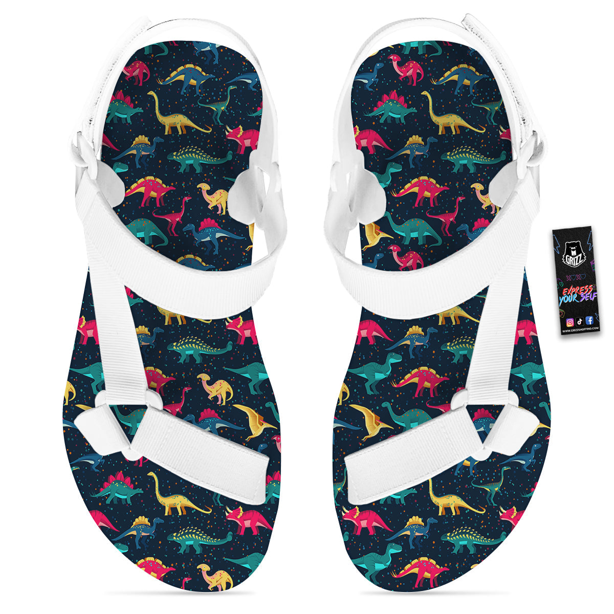 Colorful Cute Dinosaurs Print Pattern White Open Toe Sandals-grizzshop