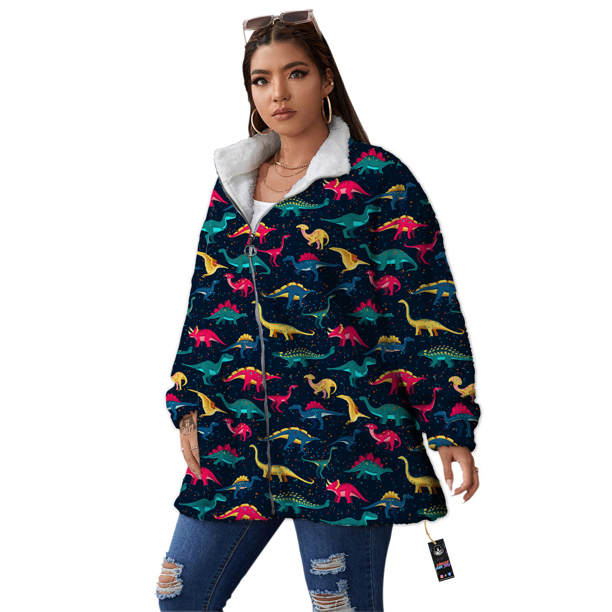 Colorful Cute Dinosaurs Print Pattern Women's Sherpa Jacket-grizzshop