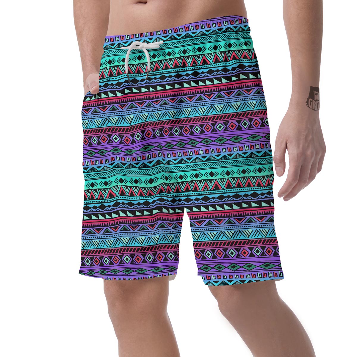 Colorful Neon Tribal Aztec Hand Drawn Men's Shorts-grizzshop