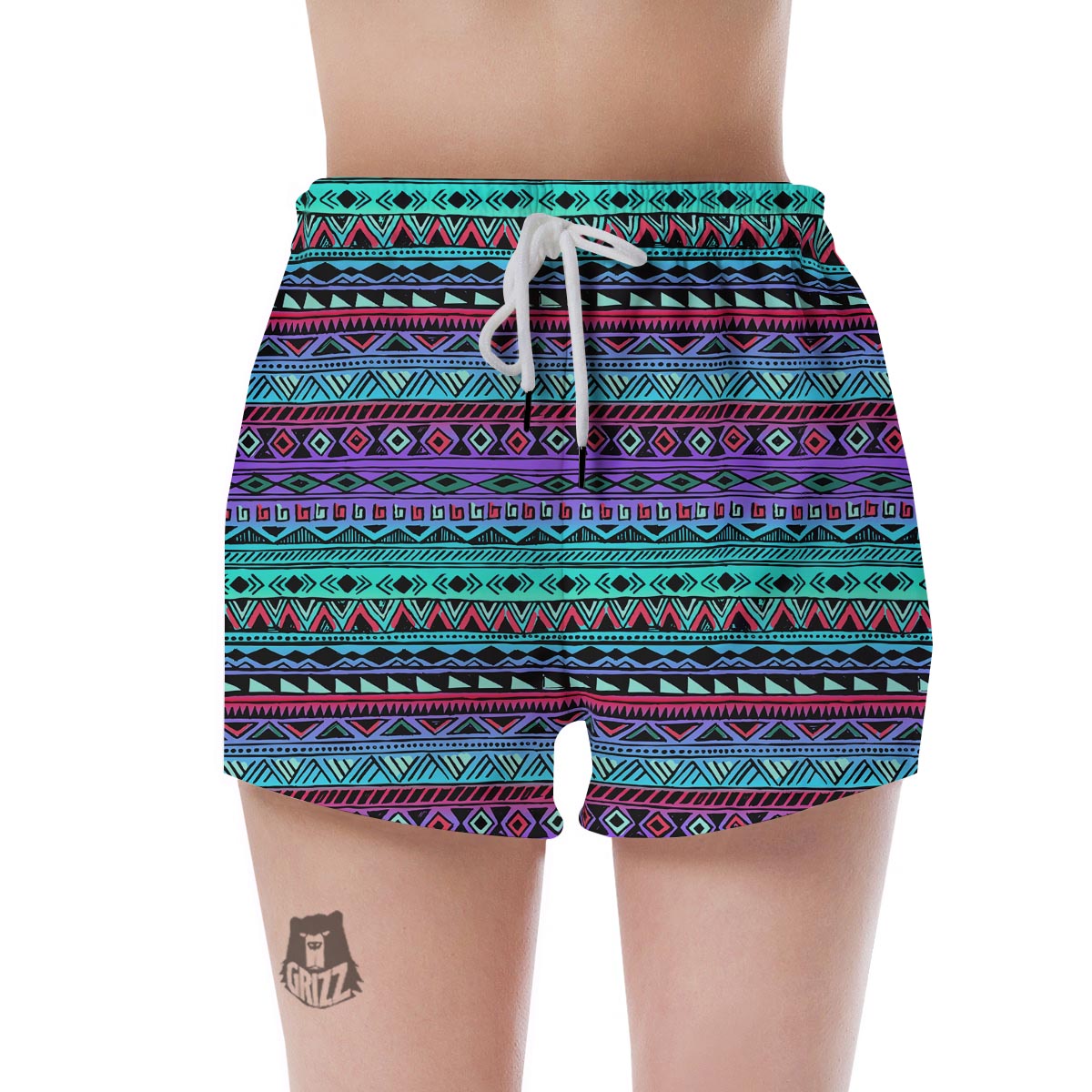 Colorful Neon Tribal Aztec Hand Drawn Women's Shorts-grizzshop