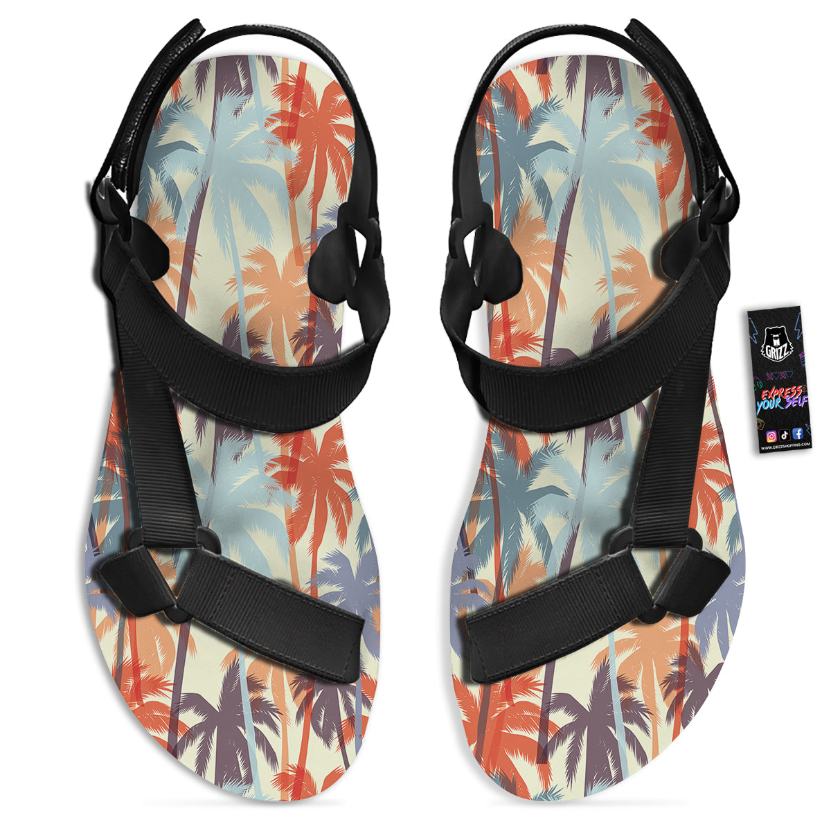Colorful Palm Trees Print Pattern Black Open Toe Sandals-grizzshop