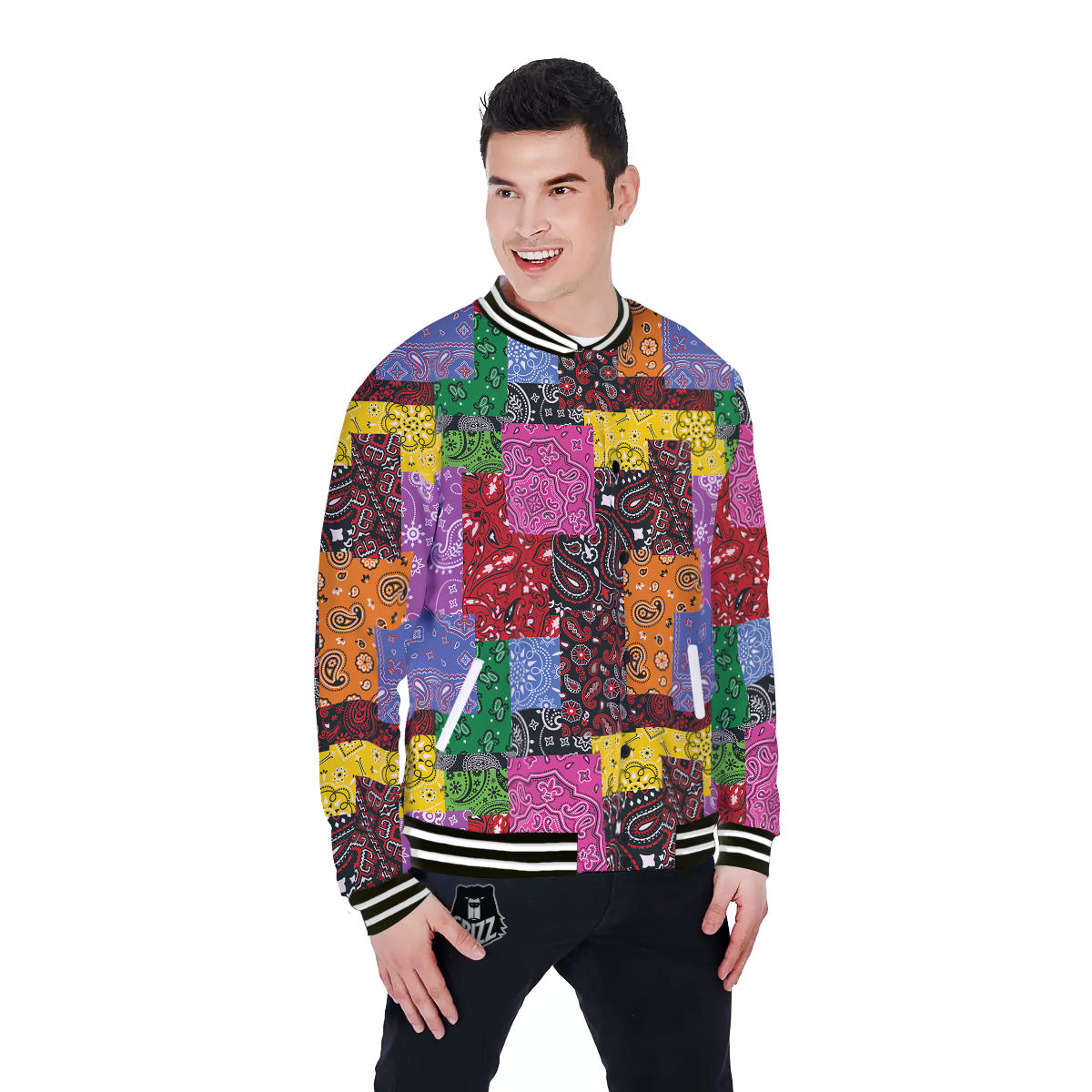 Colorful Patchwork Bandanna Print Pattern Baseball Jacket-grizzshop