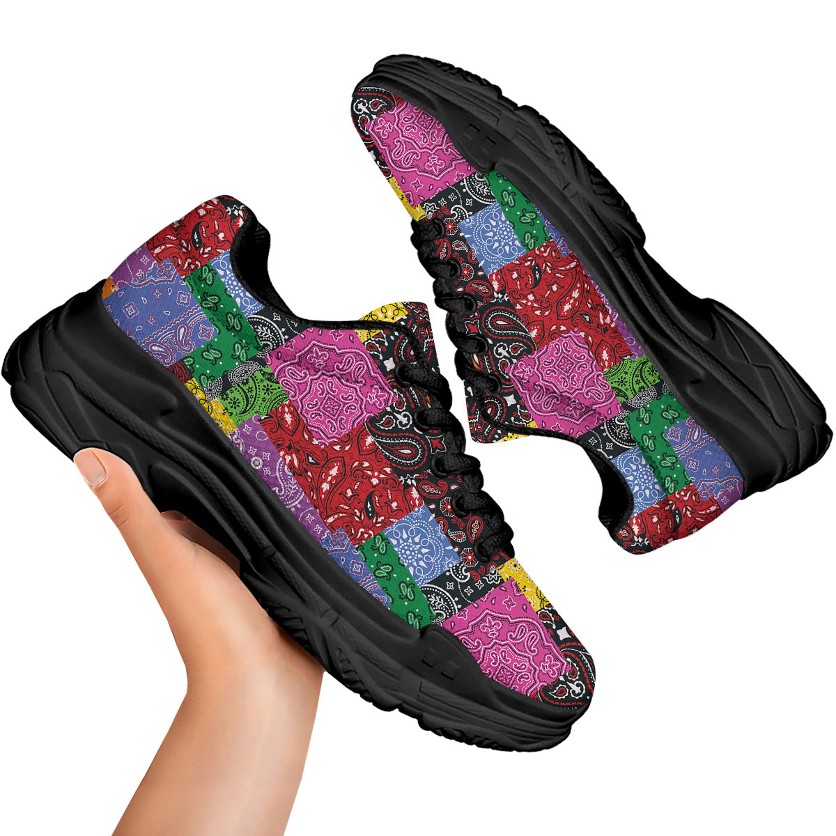 Colorful Patchwork Bandanna Print Pattern Black Chunky Shoes-grizzshop
